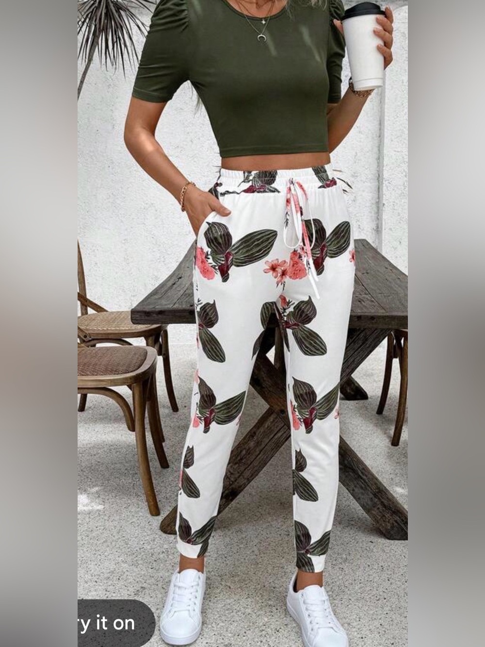 Floral Drawstring White Jogger Pants with Green Leaf Print